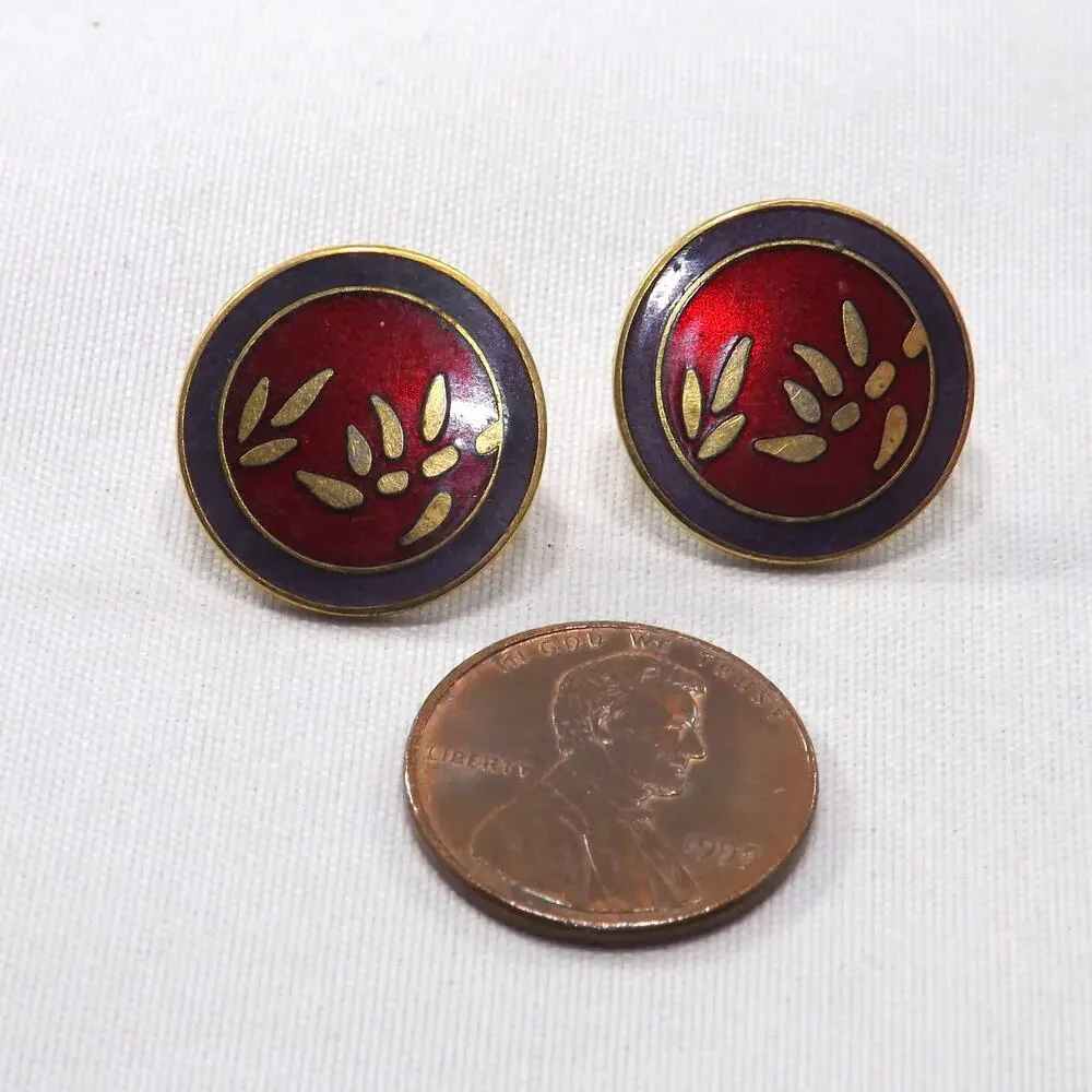 Laurel Burch Bamboo Red Post Earrings, Cloisonné Gold Plated, 1980s Vintage